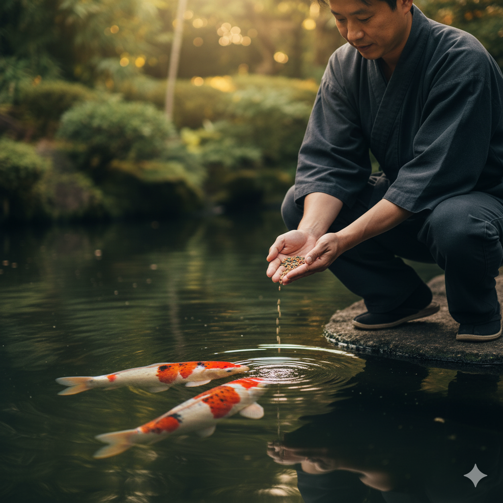 Mindful Keeper feeding Koi with reverence